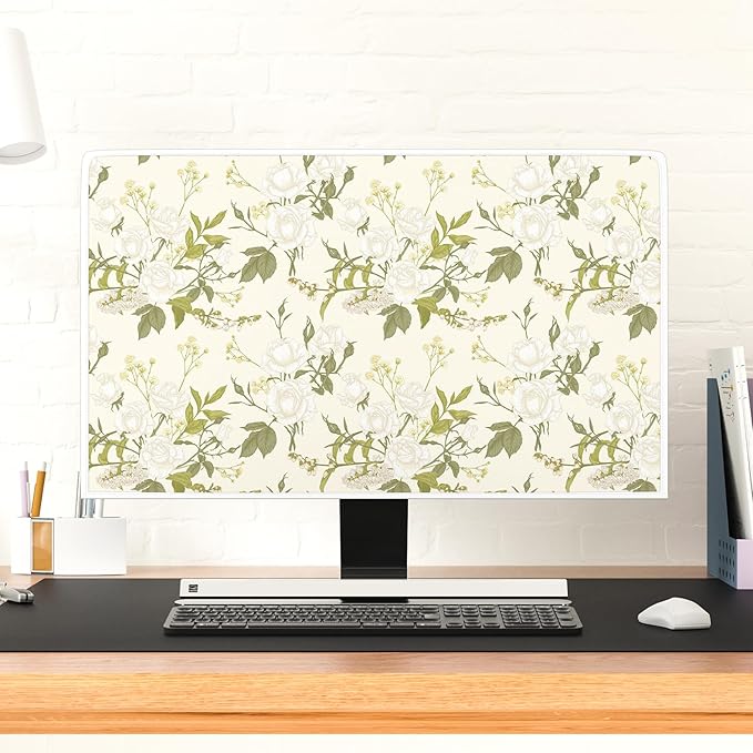 Baocicco White Rose Flowers Waterproof 26, 27, 28 Inch Anti-Static Dustproof LCD/LED/HD Panel Case Spring Floral Computer Monitor Covers Sleeve Compatible with PC Desktop and TV,Green Leaves