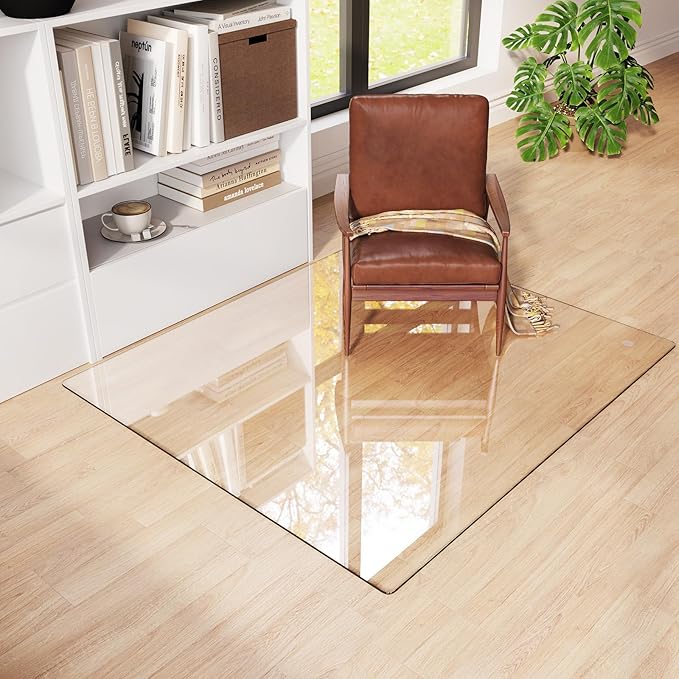 Tempered Glass Chair Mat 48"x42" – Ultra-Clear Office Chair Mat for Hardwood Floors & Low-Pile Carpets – Heavy-Duty 0.2" Scratch-Resistant Surface with Non-Slip Pads – Supports 1,000 lbs