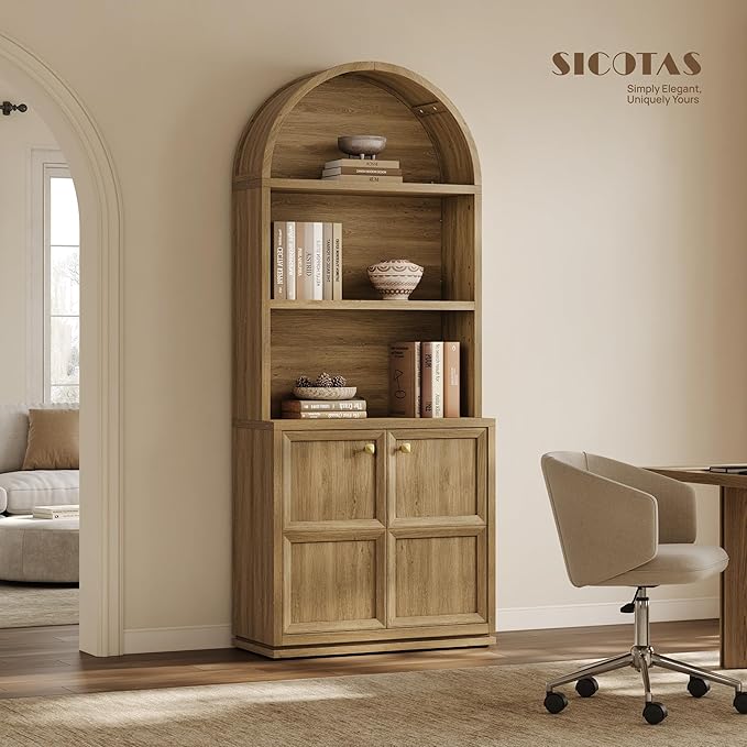 SICOTAS 81" Tall Arched Bookcase, Large Bookshelves with Storage, Modern 5-Tier Arched Cabinet with Adjustable Shelves & Cable Management for Home Office Library Living Room Kitchen, Brown Oak, 1 PCS