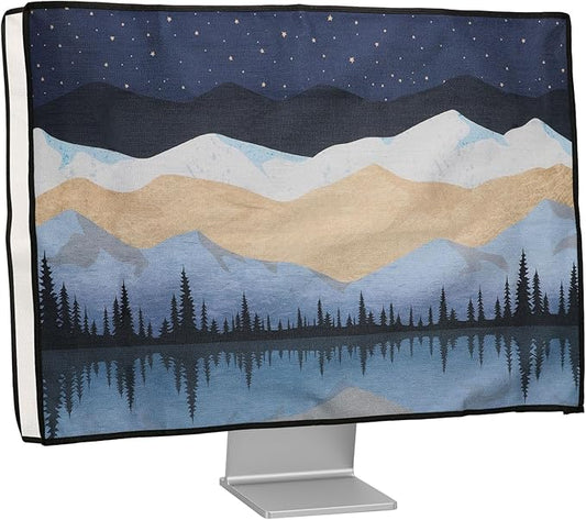 kwmobile Dust Cover for 27-28" Monitor - Linen Monitor Protector with Design - Starry Night Lake White/Light Brown/Dark Blue