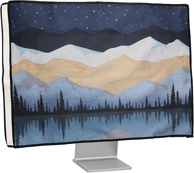 kwmobile Dust Cover for 24-26" Monitor - Linen Monitor Protector with Design - Starry Night Lake White/Light Brown/Dark Blue