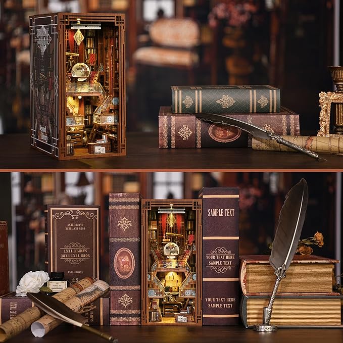 MiniCity Book Nook Kit, DIY Miniature Dollhouse Booknook Kit, 3D Wooden Puzzle Bookend Bookshelf Insert Decor with LED Light for Teens and Adults (Beyond Library)
