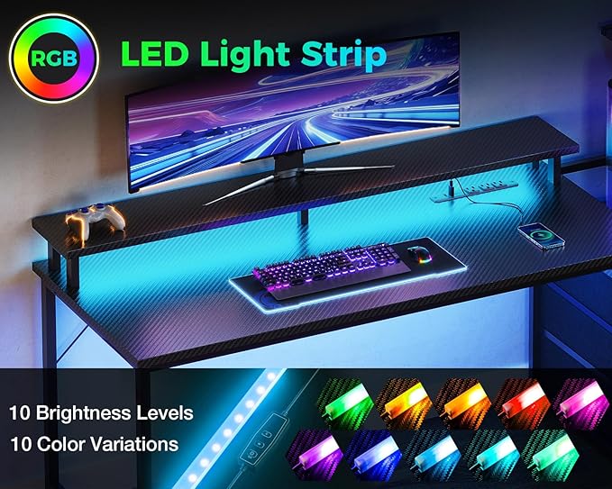 AODK 52 Inch Gaming Desk with USB Charging Ports & LED Light- Reversible Computer Desk with Storage Shelves & Monitor Stand, Modern Gamer Desk Table with Fabric Drawers, Black
