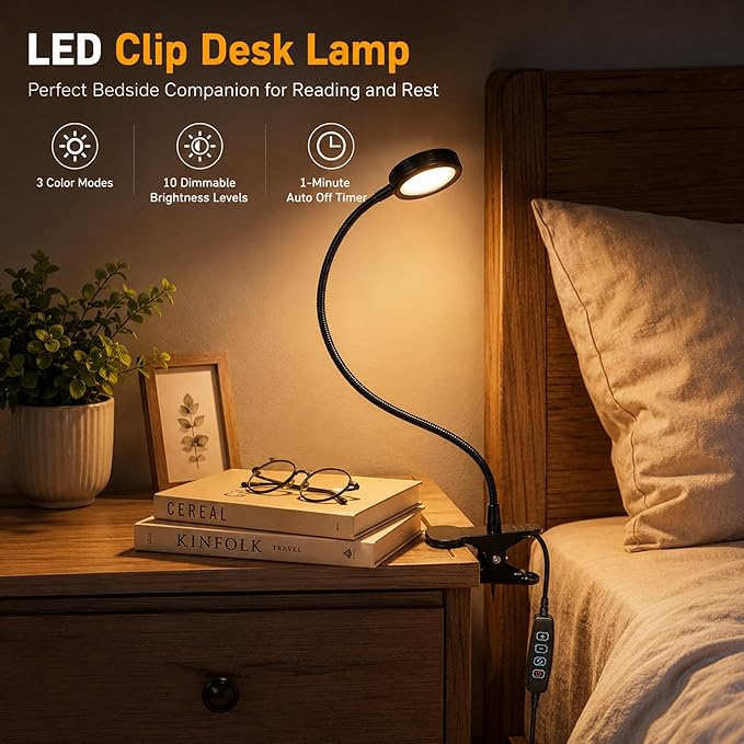 USB Clip-On Desk Lamp with 3 Color Modes, Adjustable Brightness, Gooseneck, 1 Minute Timer, Book Light for Reading Book in Bed at Night Clip on Table, headboard, Dorm, (Warm+Cool White, 8W)