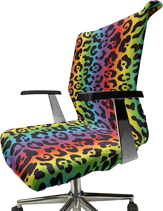 Ambesonne Leopard Print Office Chair Cover, Modernized Panther Leo Skin Wild Big Cats in Gradient Rainbow Tones Print, Stretchable Decorative Universal Size High Back Printed Slipcover, Purple Black