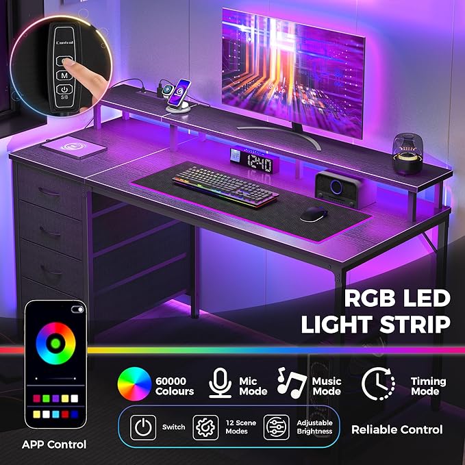 DUMOS Computer Desk with 4 Drawers,4 Drawer Gaming Desk with Power Outlets and LED Lights,Office Desk for Small Spaces with Monitor Shelf,Writing Desk for Home Office, Bedroom,Study 45 Inch Black