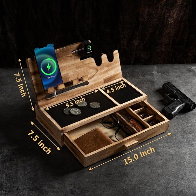 DGWJSU Phone Docking Station as Gifts for Men, Wood Pistol Rack As Nightstand Organizer for Gun Safe, Phone Charging Station as Gifts for Him Boyfriend Husband Father in Anniversary Birthday Christmas