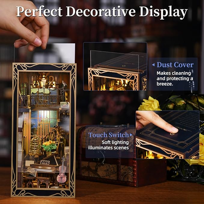 MiniCity DIY Book Nook Kit, Miniature Dollhouse Booknook Kit, 3D Wooden Puzzle Bookend Bookshelf Insert Decor with LED Light for Teens and Adults (Pianist with Nightingale)