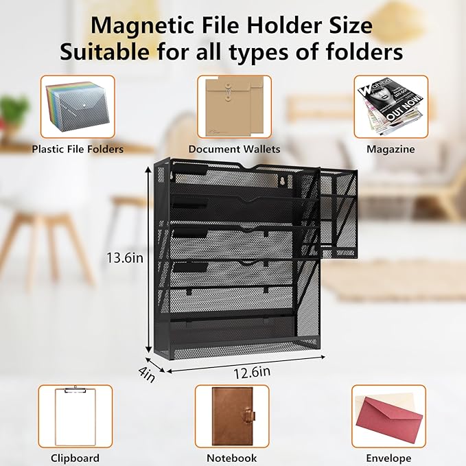 Magnetic File Holder, Magnetic File Organizer Wall Mount, 5 Tier Hanging Mail Organizer Folder Holder, Mesh Desk Accessories and Organizers, Paper Document Magazine Rack with 3 Pen Holder