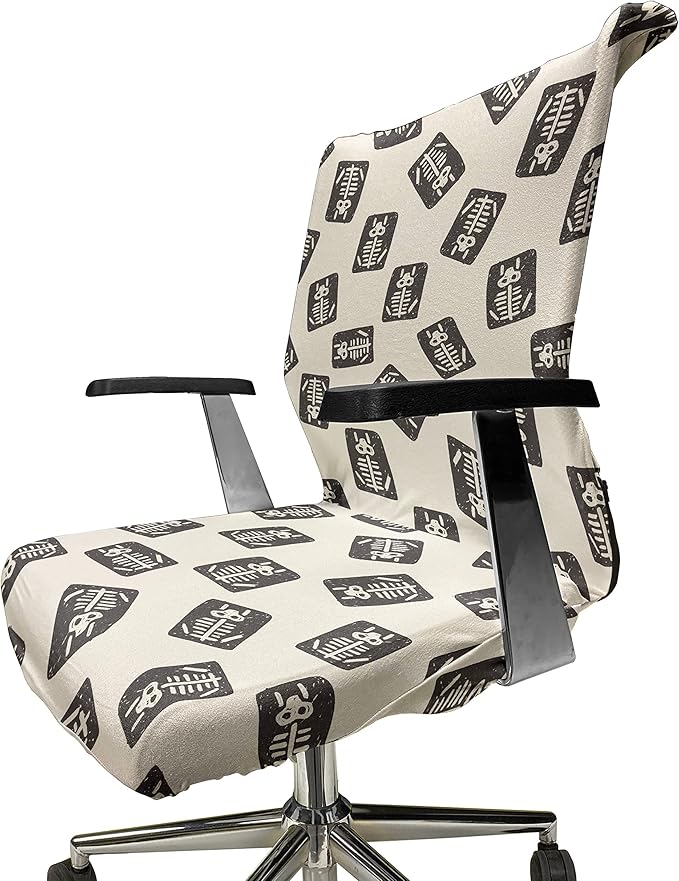 Ambesonne Cartoon Office Chair Cover, Xray Part of an Abstract Skeleton Image in Repetitive Grunge Pattern, Stretchable Decorative Universal Size High Back Printed Slipcover, Ivory Charcoal