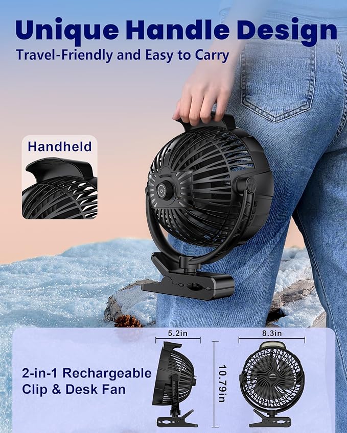 10000mAh Clip on Fan, 8-Inch Golf Cart Fan Rechargeable with LED Light, 9 Speeds Strong Airflow, Ultra Quiet, 30Hrs Runtime, 360° Rotation, Cooling for Bed Camping Office Desk Dorm, Black