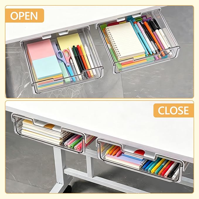 Under Desk Storage Drawers Large Self-Adhesive Easy Hidden Desktop Organizer, Attachable Clear Acrylic Storage Tray Under Table Drawer for Home Office School Counters Workstation, 2 Pack