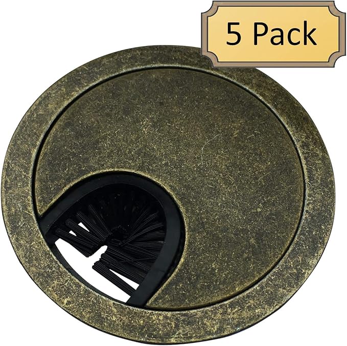 Antique Brass Metal Cable Grommet | 2 Piece "Lock in" Feature with "Brush" Opening for Management of Office & Computer Desk Wires | 60mm (2 3/8") Hole Opening | 5 Pack