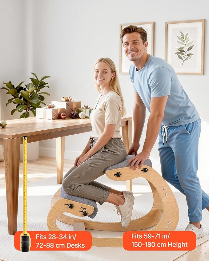 VEVOR Ergonomic Kneeling Chair, Wooden Posture Knee Chair with Adjustable Thick Foam Cushions & Solid Wood Frame, Adjustable Height, Relief for Neck or Back Pain for Home, Office or Meditation, Gray