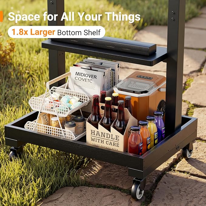 Perlegear Rolling TV Stand for 32”-110” TVs up to 250 lbs, Outdoor TV Stand with Large Wheels, Handle & Power Outlet, Height Adjustable Mobile TV Cart with Wood Shelf, Max VESA 800x600mm, PGTVMC24B