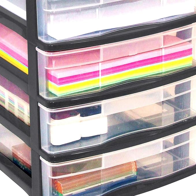 Gracious Living 4 Drawer Desktop & Countertop Organizer w/Organization Lid for Craft Storage, Office Supplies & School Supplies, Black/Clear (4 Pack)