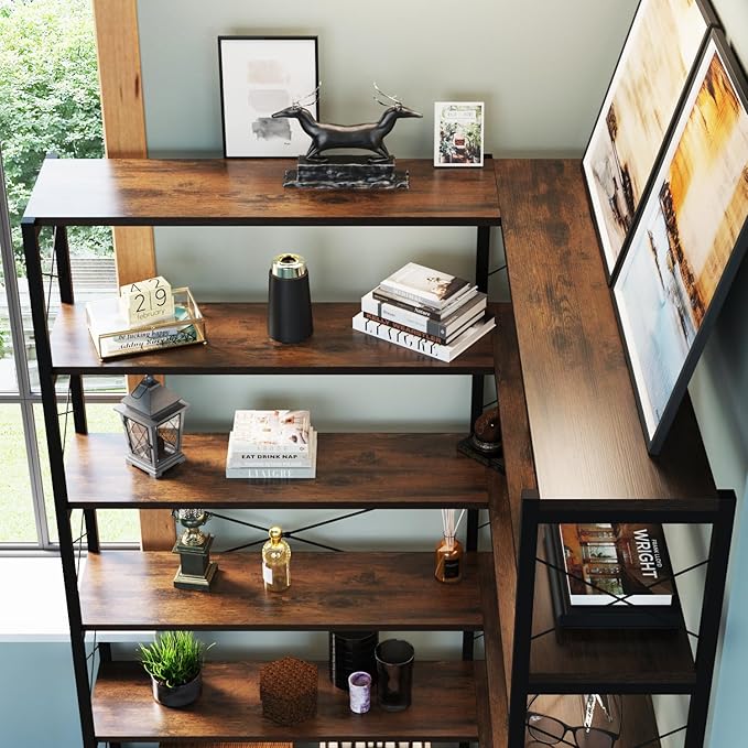 Wildhome 6-Shelf Corner Bookshelf, Vintage Industrial Corner Shelf Etagere Bookcase, Large Book Shelf with Metal Frame Open Storage Corner Cabinet (Brown-Lockers, Large)