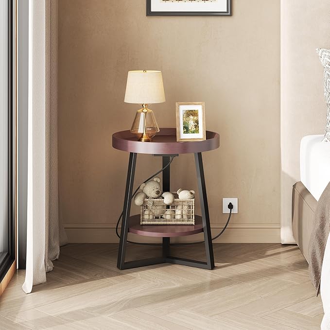 WLIVE Small Round Side Table with Charging Station, Round Coffee Table, 2 Tier End Table for Living Room/Bedroom, Sofa Couch, Easy to Assemble, Wood Tabletop & Metal Frame, Brown