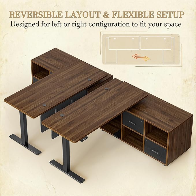 TIQLAB L Shaped Standing Desk with Privacy Protection Panel, 61.4" x 47.2" Height Adjustable Corner Executive Desk with Drawers and Shelves, Standing Computer Desks for Home Office, Black Walnut