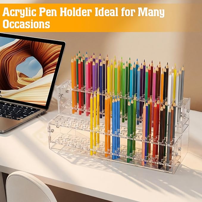 Acrylic Pen Display Stand, 2-Tier 96-Slots 1.2cm Wide Pen Holder Organizer Rack for Craft Shows, Makeup Brushes, Eyebrow Pencils, School & Office Desk Storage