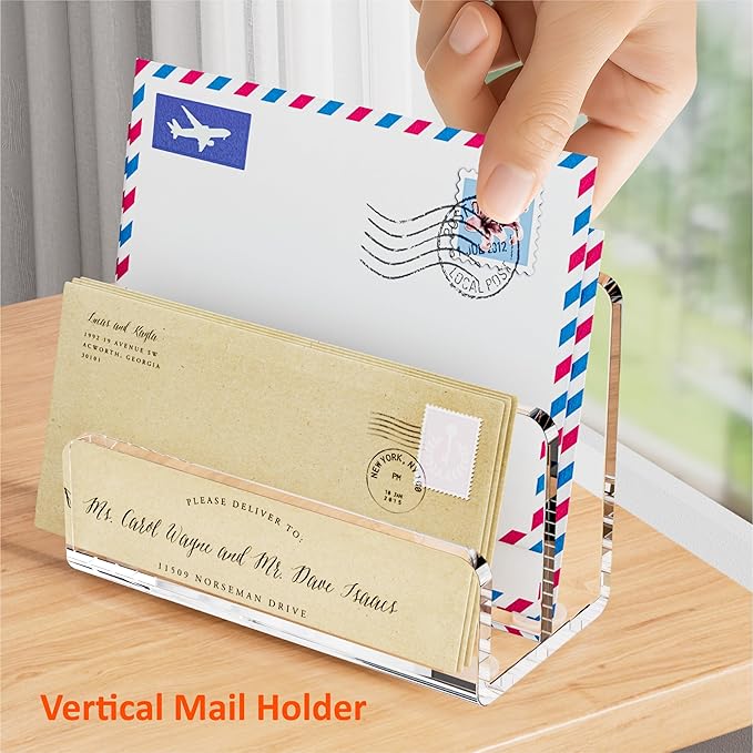 FUCDTEFC Desk Mail Organizer, 2 Section Clear Acrylic File Holder Letter Organizer, Vertical Lightweight Modern Envelope Holder Desk Accessories & Workspace Organizers for Office, Home, School