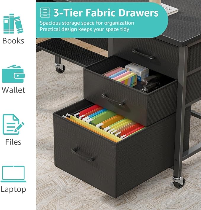 Rolling Teacher Desk with File Drawer & Privacy Panel, 47" Mobile Computer Desk with 3 Storage Drawers on Wheels, Modern Office Desks with File Cabinet for Classroom & Home Office, Black