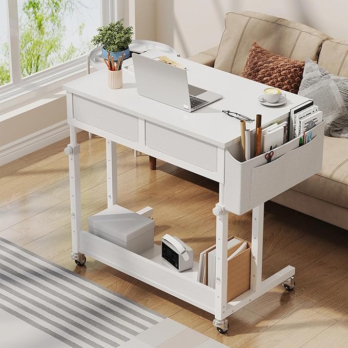 WINAZ Small White Portable Rolling Desk with Drawers & Storage Shelf, 32 Inch Mobile Standing Desk Adjustable Height with Wheels for Home Office, Kids Desks Couch Sofa Side Laptop Craft Table