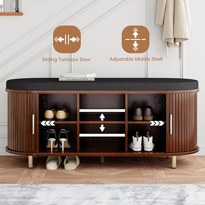 DHH 2-Tier Storage Bench,Wide Shoe Bench with Thickened Padded Seat Cushion, Mid Century Modern Fluted Sliding Door and Adjustable Shelf, for Entryway, Living Room, Bedroom (Walnut, 43.3“)