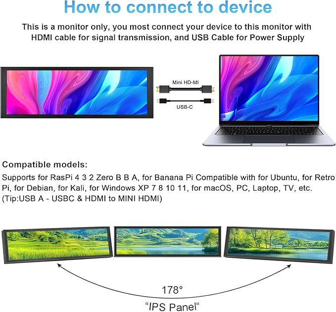 7.84 Inch HD Mini Monitor 1280x400 IPS Stretched Bar LCD Display with Casing for macOS Window Speed Temperature Aida64 CPU GPU Monitoring Secondary Screen