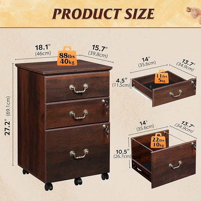 DEVAISE 3 Drawer File Cabinet with Lock, Mobile Wood Filing Cabinet for Under Desk Storage, Rolling Printer Stand for Office Storage, Brown Oak