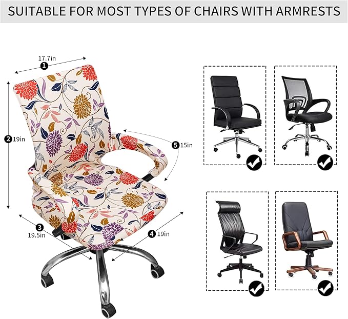 Waterproof Office Chair Cover with Armrest Cover 18Inch Wide Stretch Printed Floral Small Desk Computer Chair Covers with Long Zipper Arm Slipcovers Washable