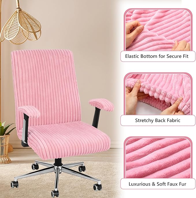 Tegeme Set of 4 Faux Fur Office Chair Covers Set with Armrest Covers, Computer Universal Stretchable Chair Seat Protector Washable Jacquard Computer Seat Slipcovers for Home Office(Pink)