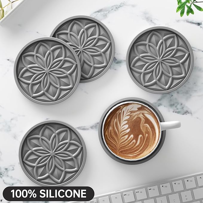 HFHOME Silicone Coasters Set for Drinks - 6 Pack With Holder, Table Cup Mat for Coffee Table, Desk, Bar - Home Decor Tabletop Protection Gift - Gray