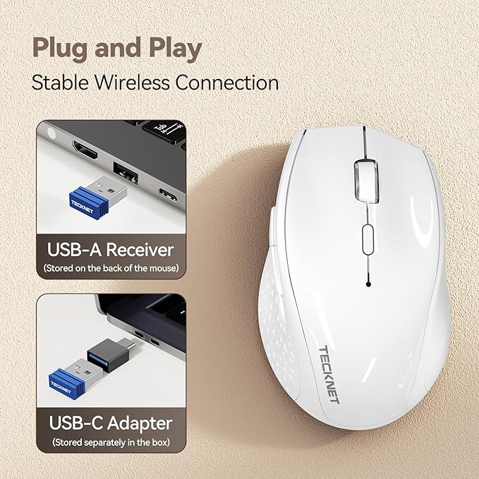 TECKNET Rechargeable Mouse with Jiggler, Plug & Play, 2.4G Connection with USB-C Adapter, Silent Mouse Quiet Click, 6400 DPI Ergonomic Mouse, Cordless Computer Mice for Laptop, Desktop, PC