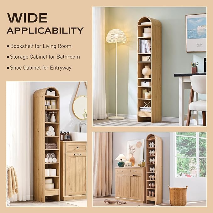 IFGET 67" Tall Arched Bookshelf, 8 Tiers Arch Bookcase with Storage, Modern Farmhouse Book Shelf with Adjustable Shelves, Wood Bookshelf w/Open Display Shelves for Living Room, Office (Natural)