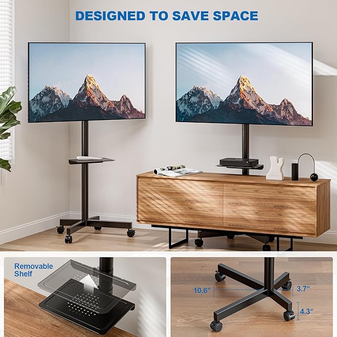 Mobile TV Stand for 23-65 Inch LCD LED Flat/Curved Panel Screen TVs, Height Adjustable Rolling Floor TV Cart with Tilt Mount and Shelf, Portable Stand Holds up to 110 lbs, Max VESA 400x400mm