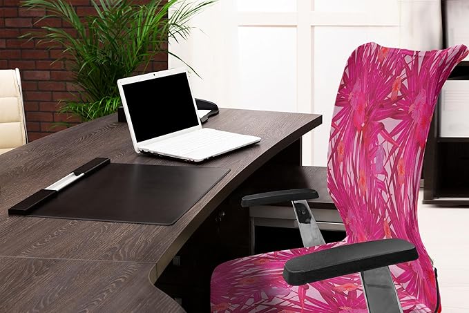 Ambesonne Hibiscus Office Chair Cover, Summer Concept Pattern of Tropical Flowers and Monstera Leaves, Stretchable Decorative Universal Size High Back Printed Slipcover, Raspberry Pink