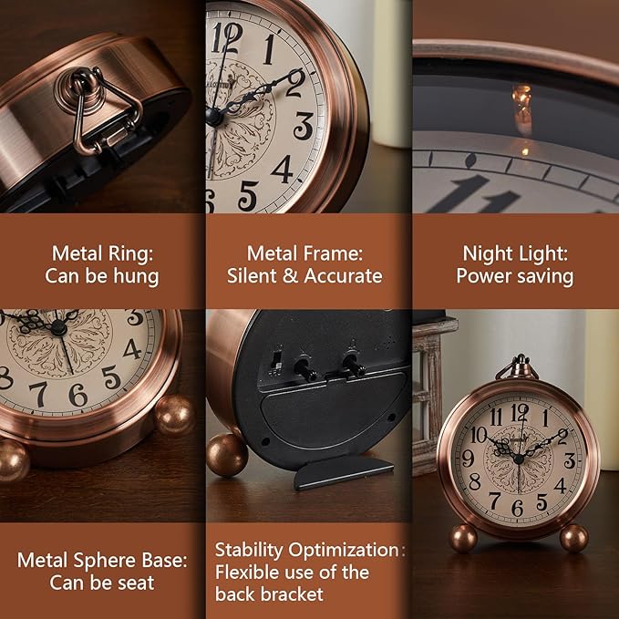 FLOITTUY 4.5" Battery Operated Antique Retro Analog Metal Alarm Clock, Silent Bedside Desk Clock, Wall-Hanging Vintage Clock(Exquisite Bronze)