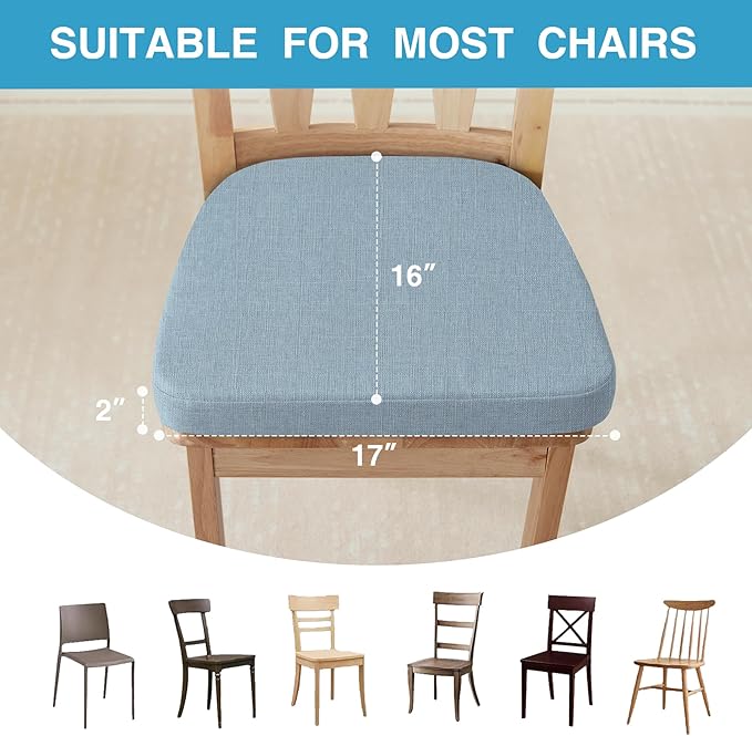 IASEAHK Chair Cushions for Dining Chairs Set of 6, Non Slip Kitchen Chair Pads, 17" x 16" x 2", Indoor Dining Chair Cushions with Ties, D-Shaped Seat Cushions for Kitchen Chairs, Light Blue