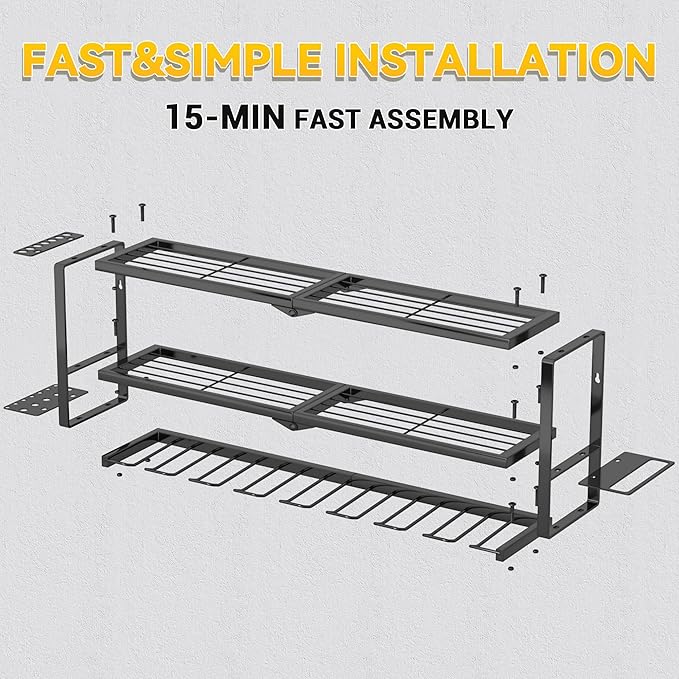 Power Tool Organizer Wall Mount Loads 300 lbs，Heavy Duty Metal 3 Layers Extra Tall Storage Rack with 8 Drill Holders & Battery Storage，Cordless Utility Tool Shelf for Garage, Workshop
