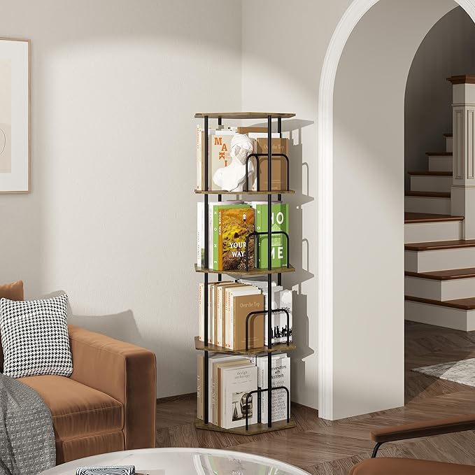 SUNMORY 4 Tier Rotating Bookshelf Tower, Revolving 360 ° Spinning Bookcase, Hexagonal Corner Book Shelf Storage Carousel, Vertical Rotate Turning Organizer Book Shelves for Living Room Office Bedroom