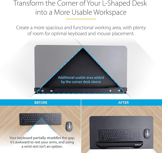 StarTech.com Clamp-On Steel Desk Corner Sleeve for L-Shaped/Corner Desk, for 0.5-1.5in (12.7-38.1mm) Desks, Increase Space for Keyboard/Mouse, Desk Extender/Tray for Wooden/Steel Desks (DSKCRNRSLV)