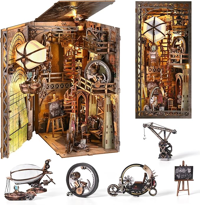 TOYQI Book Nook Kit, Book Nook Kits for Adults, DIY Miniature Dollhouse Kit 3D Wooden Puzzle Booknook Bookend with LED Light