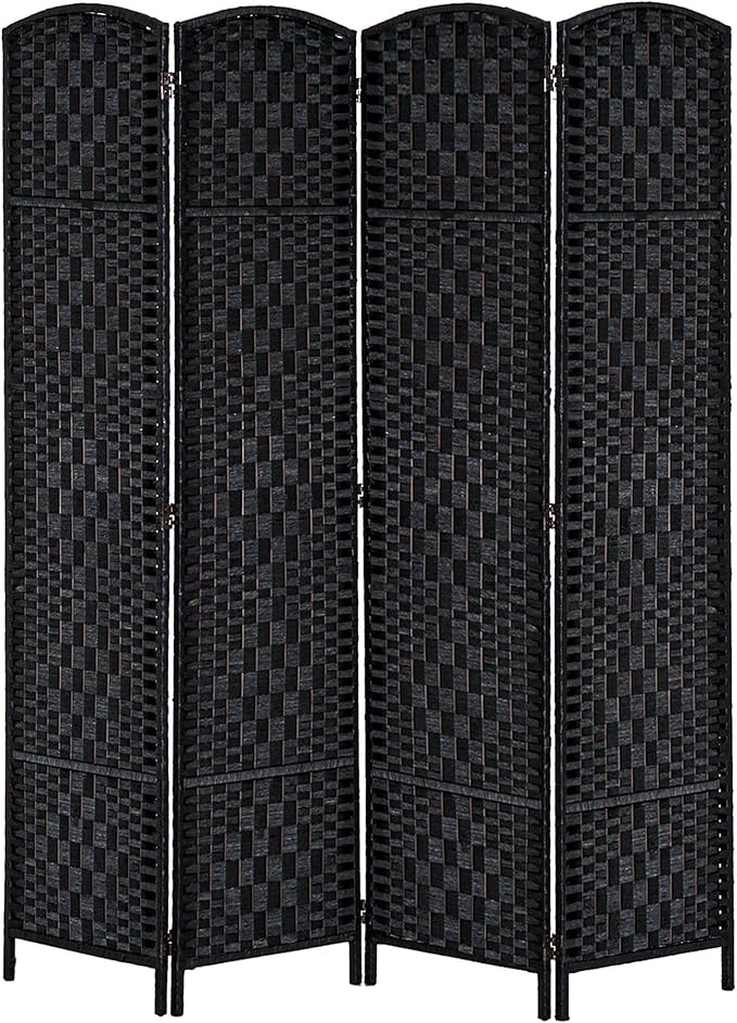HOMCOM Room Divider 4 Panel, 6FT Tall Folding Privacy Screen, Freestanding Hand-Woven Partition for Room Separation with 360° Hinges, Paper Rope Diamond Weave, Black