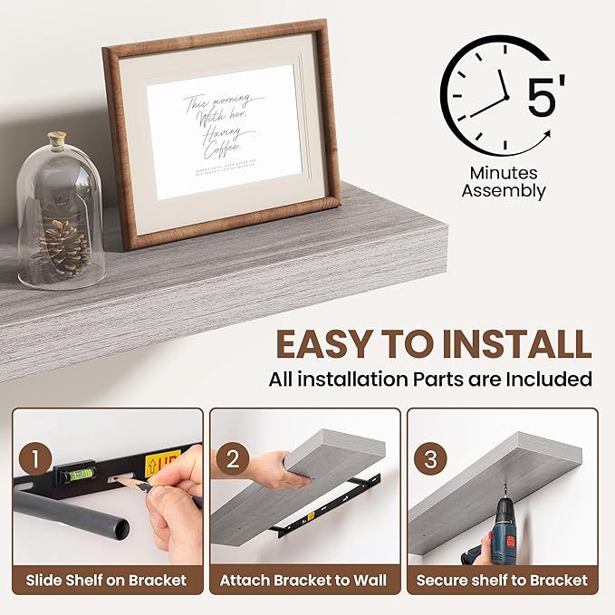 Acovy 48 Inch Floating Shelves for Wall 2 Pack, 48" Wall Shelves for Books, Storage, Decor, Wall Mounted Floating Shelf with Invisible Brackets for Kitchen, Living Room, Gray