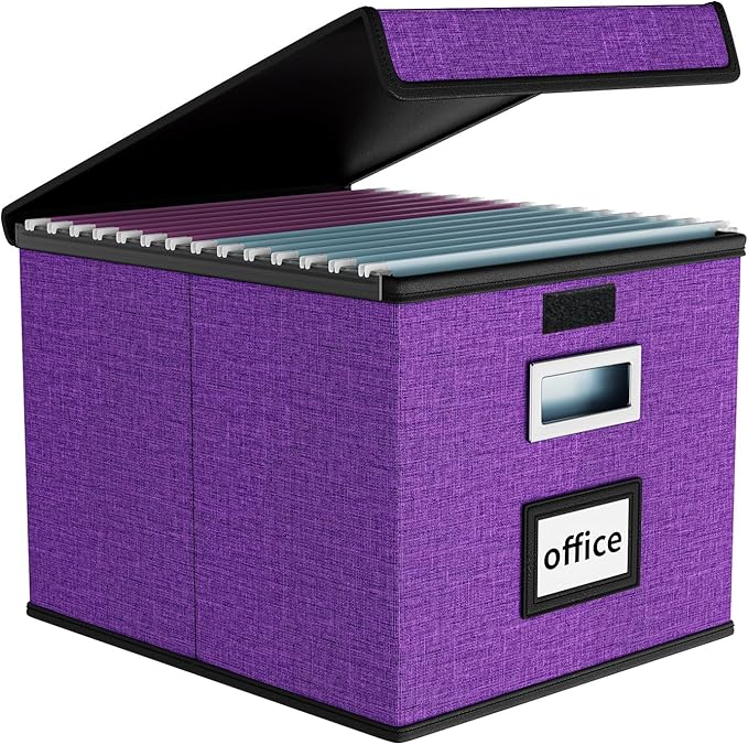 File Organizer Box with Lid, Collapsible File Folder Organizer for Office Document Storage, Filing Box with Plastic Slide for Letter Size Hanging File Folders(1 Pack, Purple)