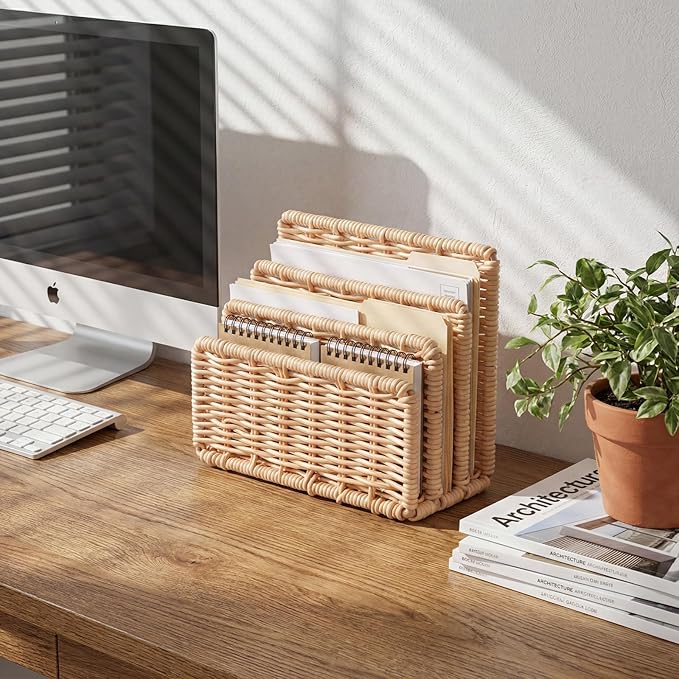 Small Rattan Mail Organizer for Desk Mail Holder Countertop with 3 Slot Rattan Letter Sorter File Holder Envelope Book Stand Farmhouse Office Desk Organizer and Storage Accessories