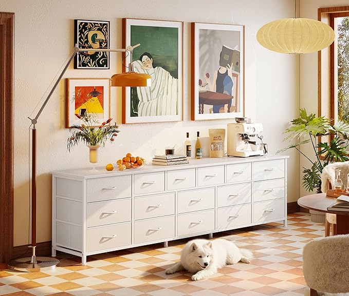 Huuger 77.6" Long Dresser for Bedroom, 16 Drawer Fabric Dresser for Closet, Wide Chest of Drawers with Storage, TV Stand for 65, 75, 85 Inch TV, 77.6" W x 12.9" D x 26.7" H, White