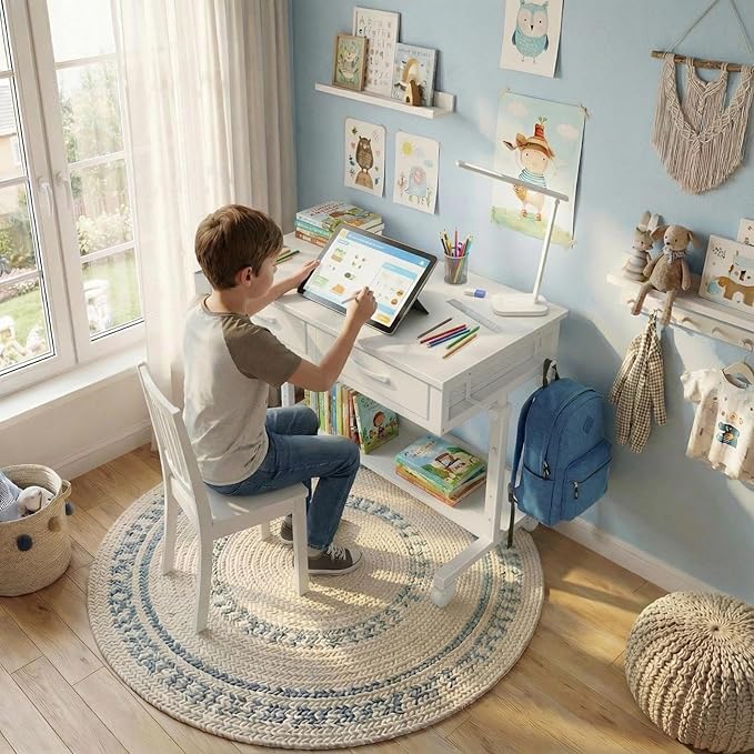 WINAZ Small White Portable Rolling Desk with Drawers & Storage Shelf, 32 Inch Mobile Standing Desk Adjustable Height with Wheels for Home Office, Kids Desks Couch Sofa Side Laptop Craft Table