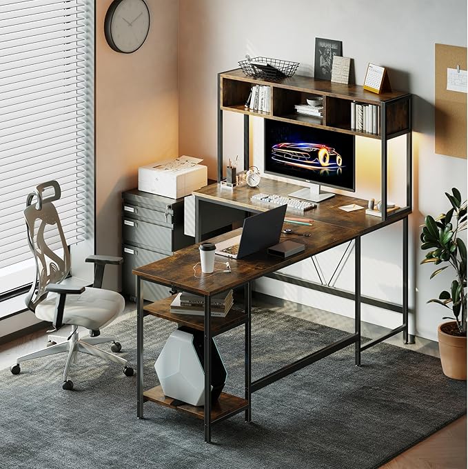 DUMOS L Shaped Gaming Desk 67", Reversible Computer Desk with LED Lights, Corner Desk for Small Spaces with Keyboard Tray & Storage Shelf, Metal Frame PC Gaming Table for Home Office Bedroom, Rustic